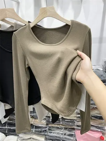 欧货德绒打底衫女秋冬2023新款内搭磨毛修身显瘦长袖t恤洋气上衣图片