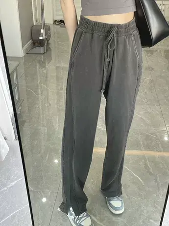 灰色运动裤女薄款春秋小众设计感垂感宽松直筒休闲裤小个子卫裤子图片