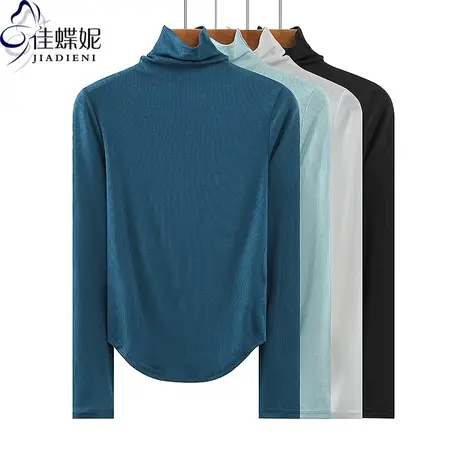 秋冬新款高领修身显瘦下摆圆弧纯欲纯棉纯色长袖体恤上衣女打底衫商品大图