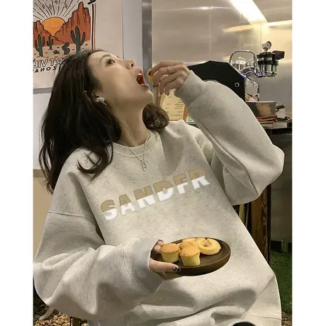 圆领卫衣女灰色春秋薄款美式复古宽松慵懒风oversize大码套头上衣商品大图