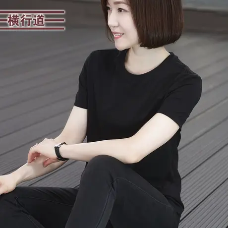 2023夏装新款短袖t恤女纯色打底衫黑色体恤宽松圆领白色上衣体桖商品大图