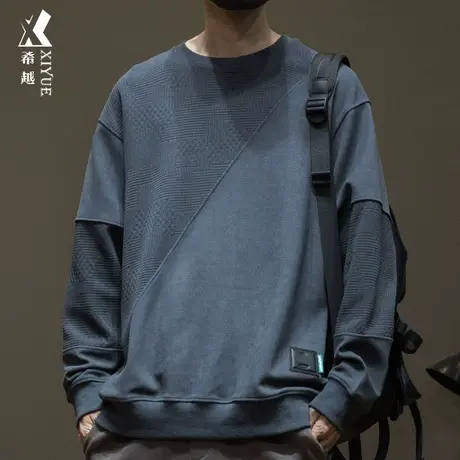 欧棉绒拼接提花卫衣男胖子加绒加厚男装秋冬季大码加肥加大套头衫商品大图