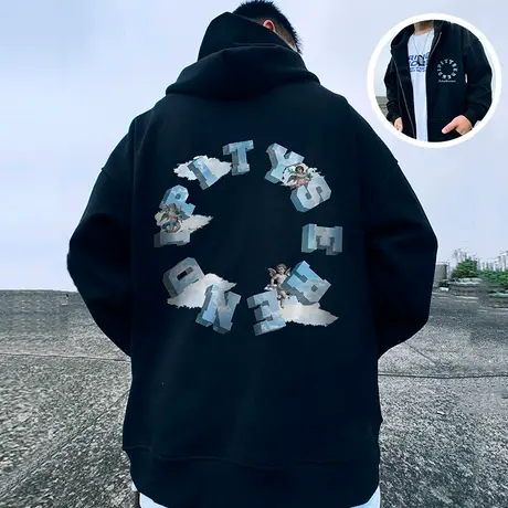 2023新款oversize秋冬季宽松大码连帽加绒加厚拉链开衫胖子卫衣男图片