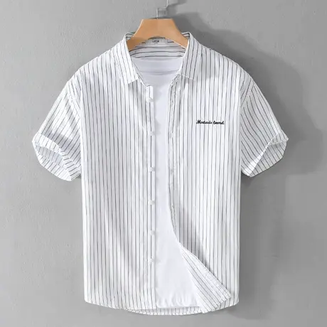 休闲短袖衬衫男纯棉条纹百搭夏季薄款全棉白色衬衣文艺宽松外套潮商品大图