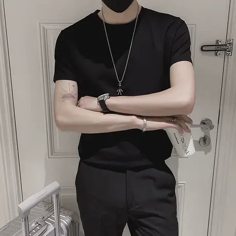 男士短袖t恤2023新款夏季潮牌半截袖ins修身纯色潮流简约百搭上衣商品大图