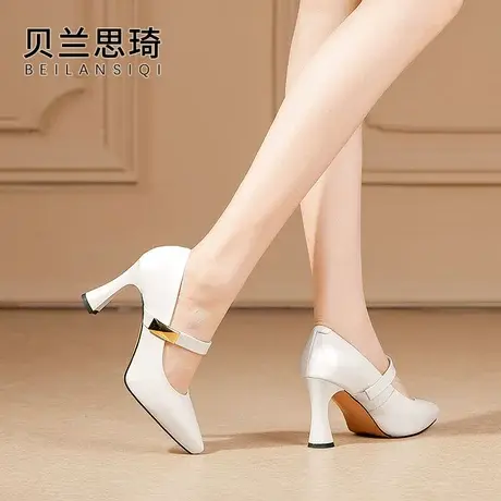 真皮一字带优雅百搭防水台高跟鞋女2023夏季新款浅口粗跟单鞋商品大图