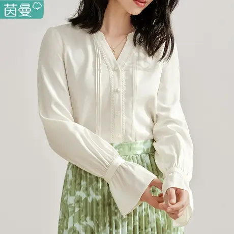 茵曼旗舰店法式衬衫女v领2024年春季新款泡泡袖别致白色衬衣上衣商品大图