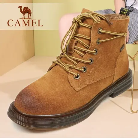 Camel/骆驼女鞋秋季磨砂牛皮大头工装加绒保暖户外休闲靴子短靴图片
