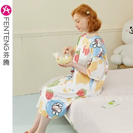 芬腾纯棉布朗熊睡裙女夏季短袖中长裙卡通韩版少女可外穿家居睡衣商品大图