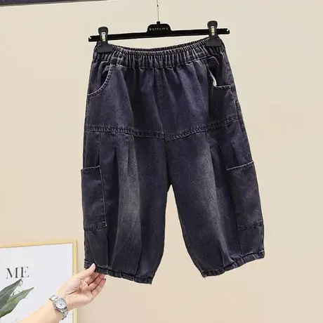 夏季新款时尚做旧松紧腰牛仔裤五分裤半裤宽松女裤百搭休闲裤潮牌图片