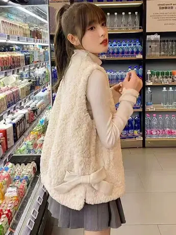 蝴蝶结羊羔毛马甲外套女2023年秋冬季新款韩版皮毛一体马夹上衣潮商品大图