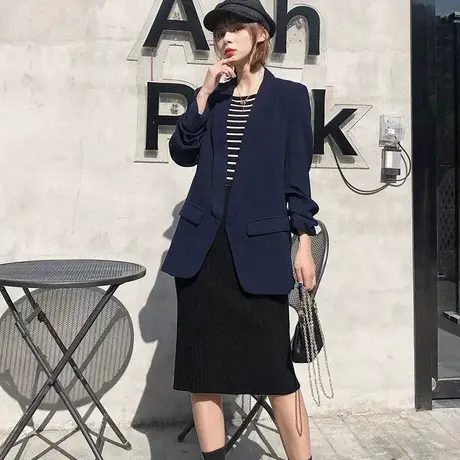 韩版纯色褶皱袖潮流炸街外套2023新款宽松清纯时尚小西装女士春秋商品大图