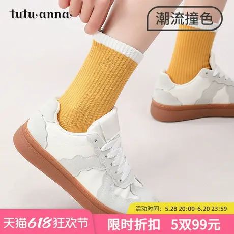 tutuanna春秋女士中筒袜 纯色运动风字母刺绣棉质透气百搭短袜女商品大图