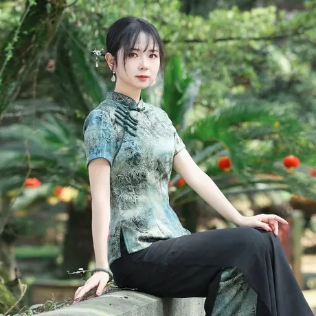 筠雅夏季新款简约清新旗袍式上衣唐装女改良版修身复古素衣24R530商品大图