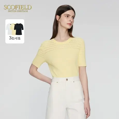 Scofield女装圆领修身短袖镂空设计针织衫优雅通勤上衣夏季上衣商品大图