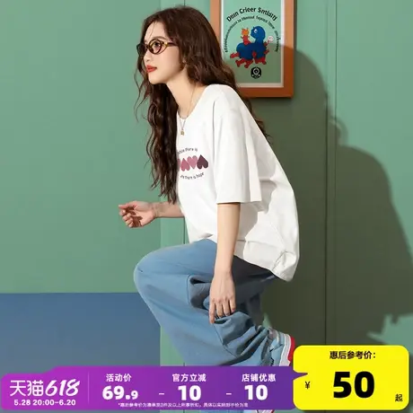 唐狮2025夏季新款短袖T恤女圆领纯棉宽松小众女士上衣灰色超好看商品大图