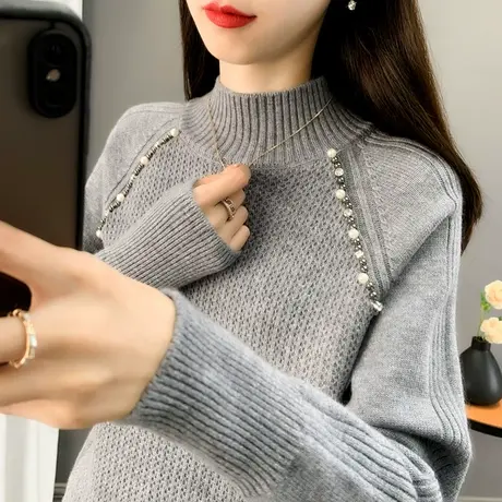 半高领毛衣女秋冬2023年新款加厚洋气钉珠宽松打底针织衫纯色上衣图片