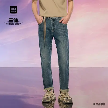 HLA/海澜之家三体联名系列牛仔裤25春秋新水洗腰带装饰直筒裤子男商品大图