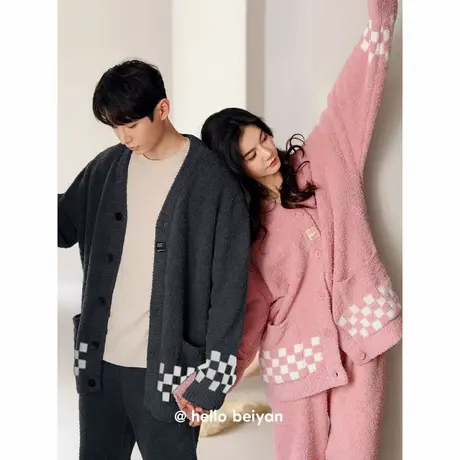 贝妍珊瑚绒情侣睡衣冬季女款时尚开衫家居服保暖半边绒男大码套装商品大图