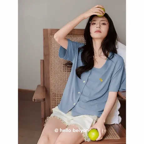 贝妍新款凉感莫代尔棉睡衣女甜美短袖开衫家居服夏季少女大码套装商品大图