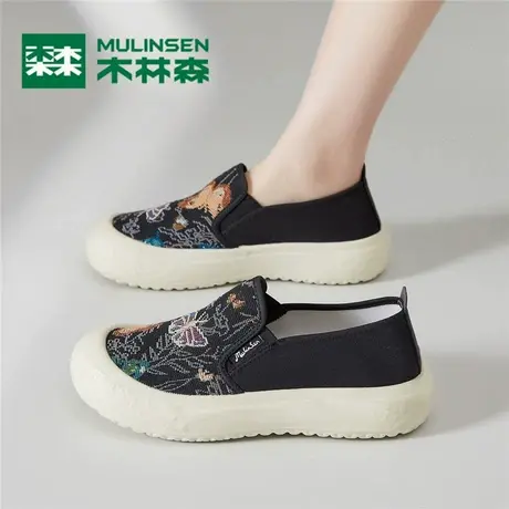 木林森帆布鞋女夏季透气运动千层底一脚蹬渔夫豆豆刺绣老北京布鞋图片
