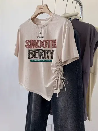 今年流行小衫不规则字母印花小个子设计感上衣夏ins抽绳短袖t恤女商品大图