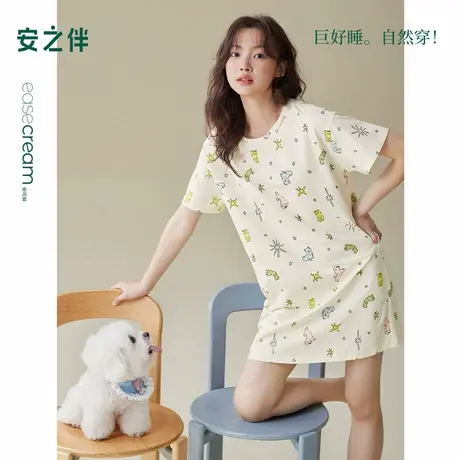 安之伴2025新款短款睡裙女夏纯棉短袖睡衣甜美加长版T恤款带胸垫商品大图