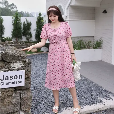 显瘦大码胖mm碎花连衣裙2023年夏装新款气质收腰荷叶边A字长裙子商品大图