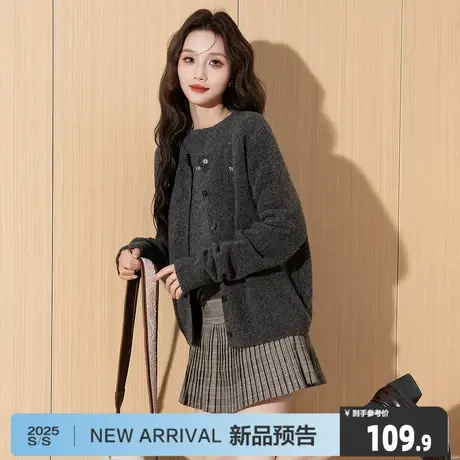唐狮25秋冬新款圆领净色毛衣女前胸字母开衫深灰针织短袖上衣女图片