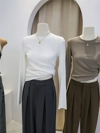 纯色长袖正肩t恤女打底衫2023秋季百搭修身短款内搭圆领体恤上衣图片