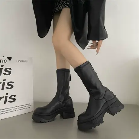 靴子女2023新款春秋季网红炸街机车中筒靴粗跟高跟厚底黑色瘦瘦靴图片