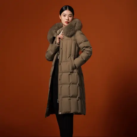 坦博尔奥莱羽绒服女冬季商务长款连帽鹅绒毛领系带时尚保暖外套图片