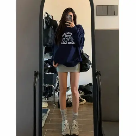 巨好看的圆领卫衣女2025新款爆款藏蓝色秋冬款加绒加厚休闲上衣潮商品大图