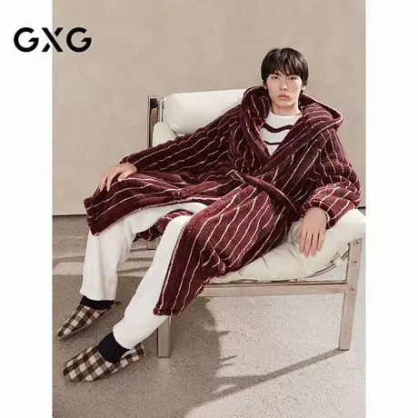 GXG男士家居服 红底白条纹保暖男士睡袍慵懒时尚家居服外套冬季款商品大图