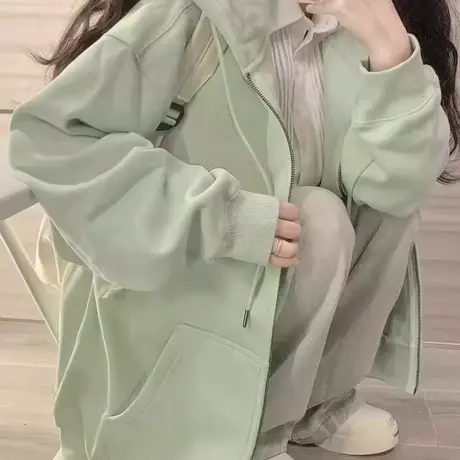 正肩卫衣外套女2025早秋季小个子宽松韩系慵懒风连帽开衫拉链上衣图片