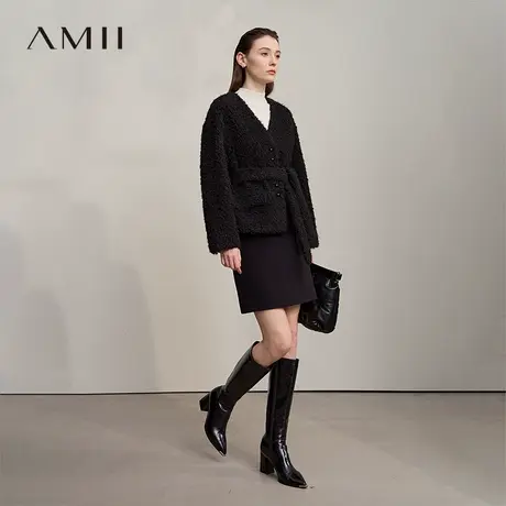 Amii2025冬新款轻奢宽松短款环保皮草卷绒麂皮绒一体配腰带外套女图片