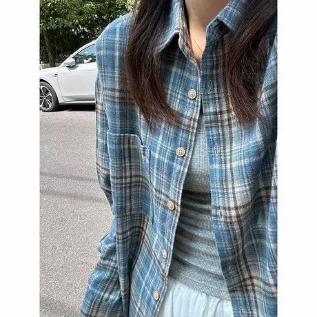 格子长袖衬衫女2025早秋季韩系法式上衣高级感独特超好看衬衣外套图片