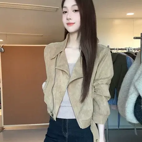 美式复古短款麂皮绒外套女2025春秋新款高级感小个子机车夹克上衣商品大图