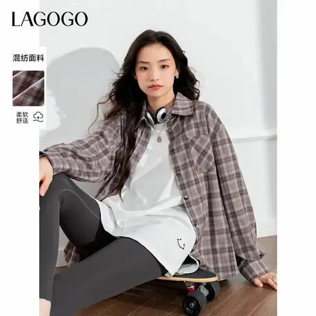 LAGOGO复古格子中性风衬衫女拉谷谷春秋新款宽松休闲翻领气质上衣商品大图