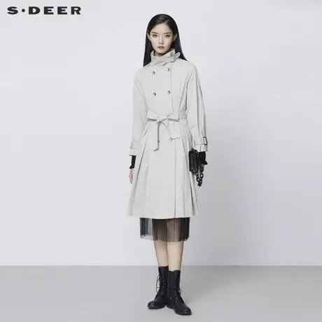 sdeer圣迪奥女装时尚立领收腰双排扣褶裥长款风衣S21381801商品大图