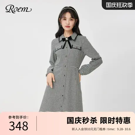 Roem春秋季新品商场同款复古风格子气质POLO领翻领X型收腰连衣裙图片
