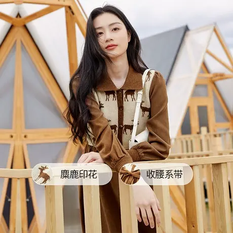 【直播间】香影连衣裙女长袖2023秋冬新款复古收腰焦糖色翻领提花图片