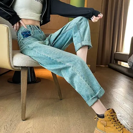 牛仔裤女春秋季宽松哈伦裤2023新款高腰显瘦梨形身材萝卜老爹裤子商品大图