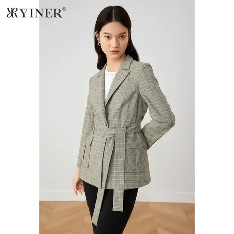 YINER音儿女装2021秋季新款西装领收腰格子短外套商品大图
