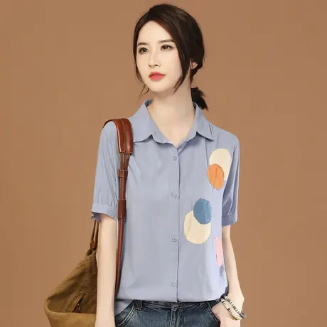 韩潮袭人文艺休闲贴布短袖衬衣女夏新款高级感衬衫上衣设计感小众商品大图