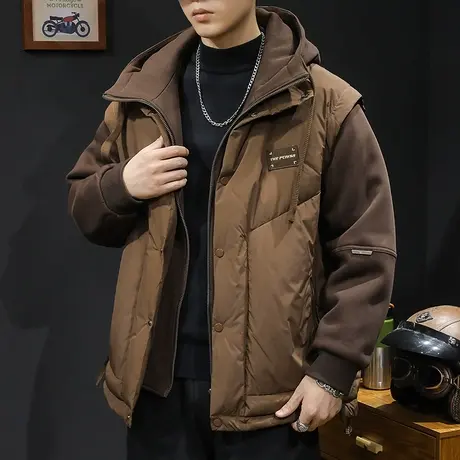 连帽羽绒服男冬季2023新款潮鹅绒男士工装三合一卫衣拼接外套大码商品大图