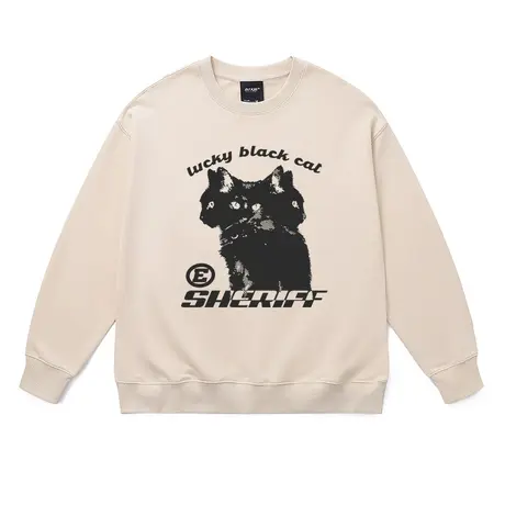 圆领大码薄款卫衣美式复古oversize秋vibe抽象黑猫米白色重磅衣服商品大图