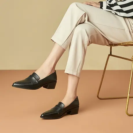 春秋新款里外全真皮中跟单鞋女百搭舒适粗跟尖头法式复古文艺擦色商品大图