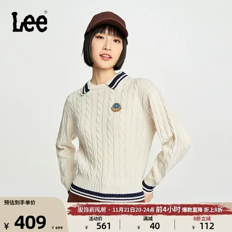 Lee23秋冬新品粗线麻花针织女翻领毛衣白色学院风休闲LWT007327图片