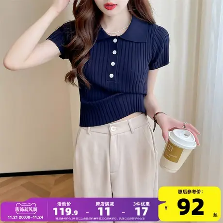 唐狮2023新款女polo领短袖上衣修身显瘦短上衣学院风短袖毛衫yd12商品大图